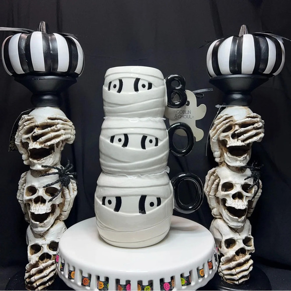 Goblin & Ghoul Halloween White & Black Stacked Ceramic BOO Mummy Coffee Mugs - Picture 1 of 12